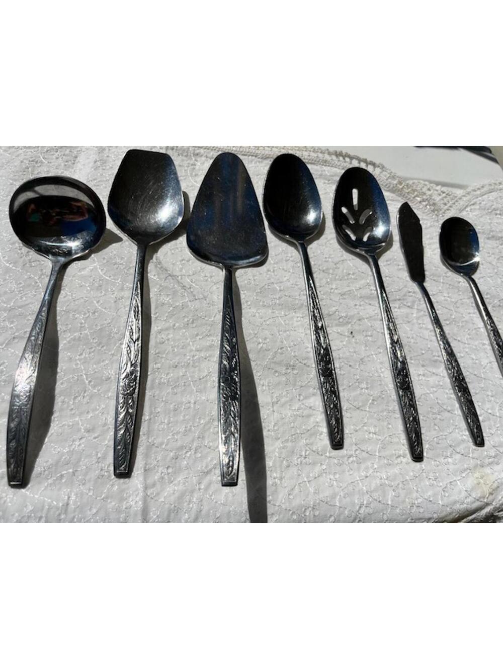 Stanley Roberts Stainless 7-Piece Silver Tone Serving Utensil Set Etched Rose